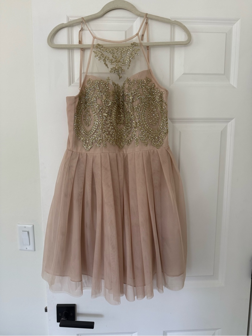 B Darlin Blush Pink Tulle Dress with Gold Beaded Bodice